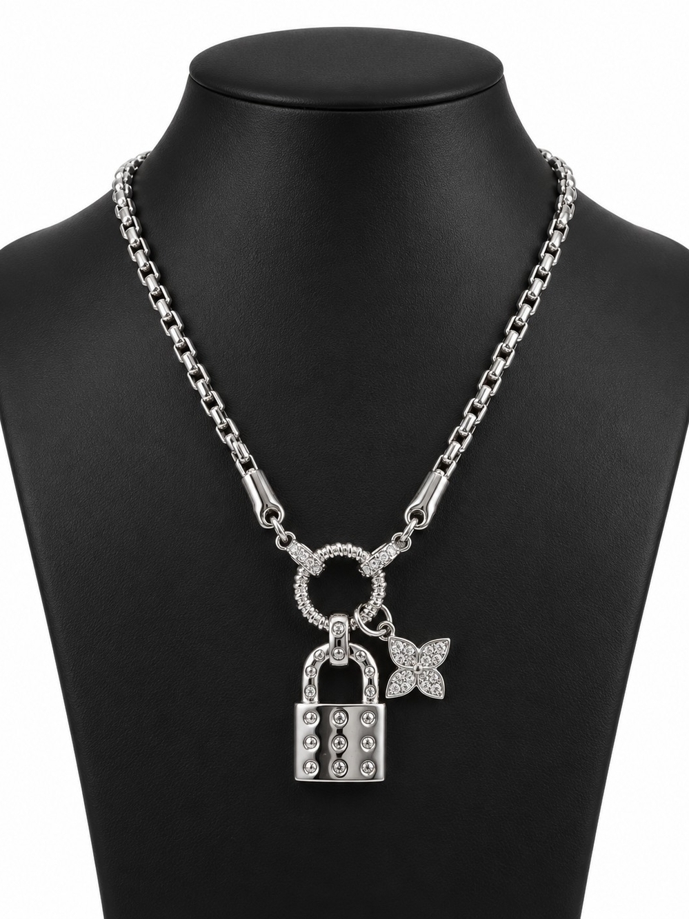 Silver Padlock and Flower Charm Necklace - Women Jewelry